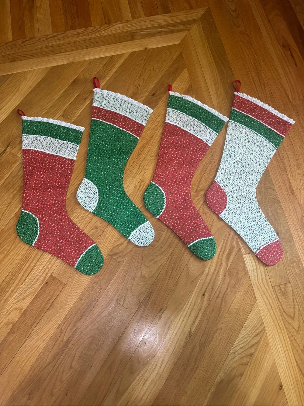 Set of 4 Handmade Quilted Christmas Stockings - Red, Green, White